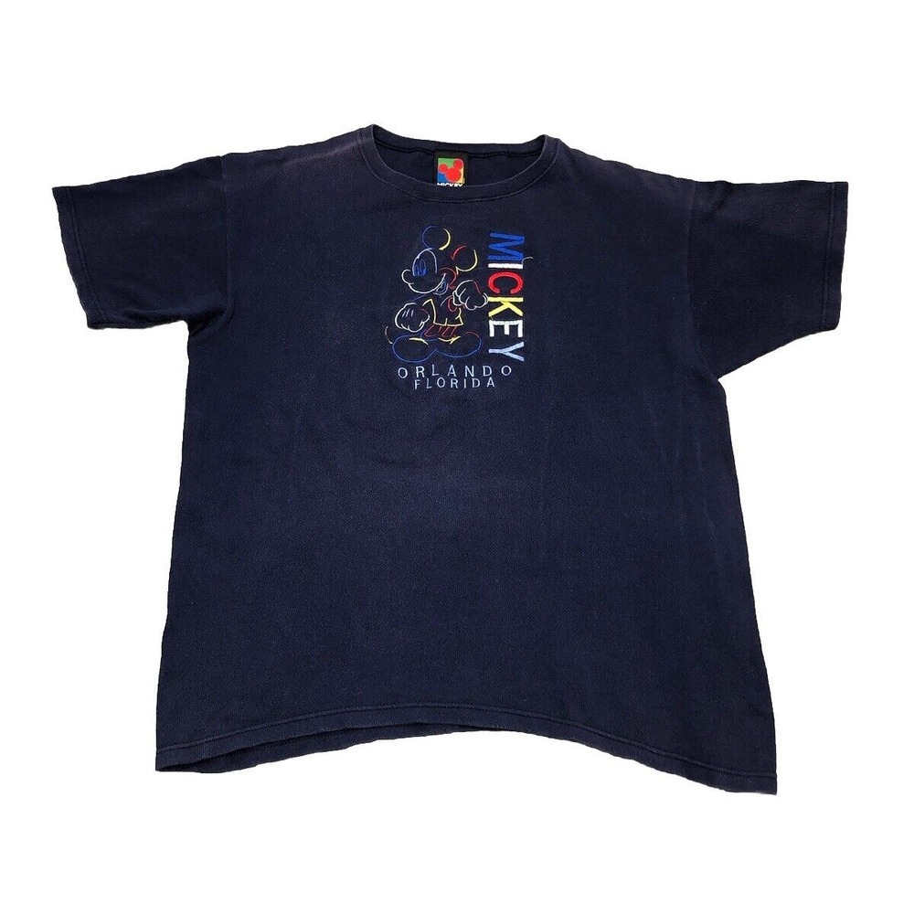 Vintage Disney Mickey Mouse Orlando Florida T Shirt L Ribbed Embroidered Navy